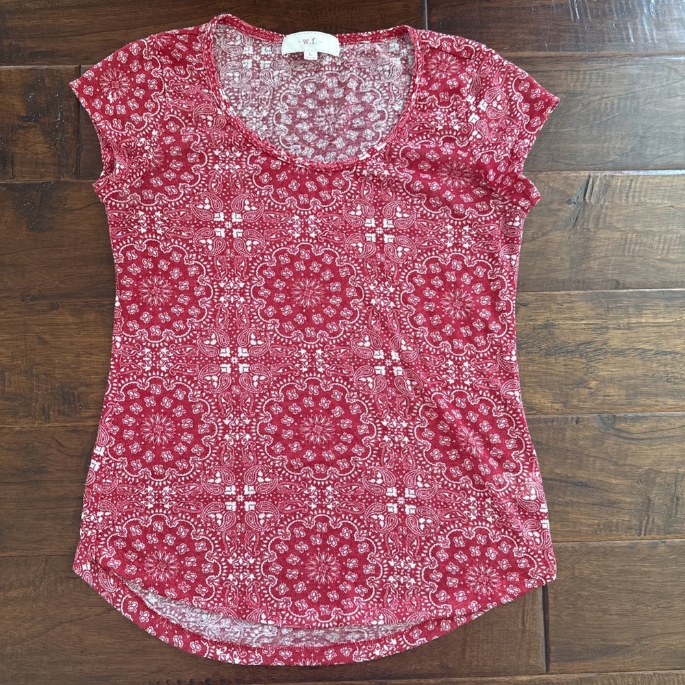 W.F Red & White Handkerchief Print Short Sleeve Top Women's Size Large Western